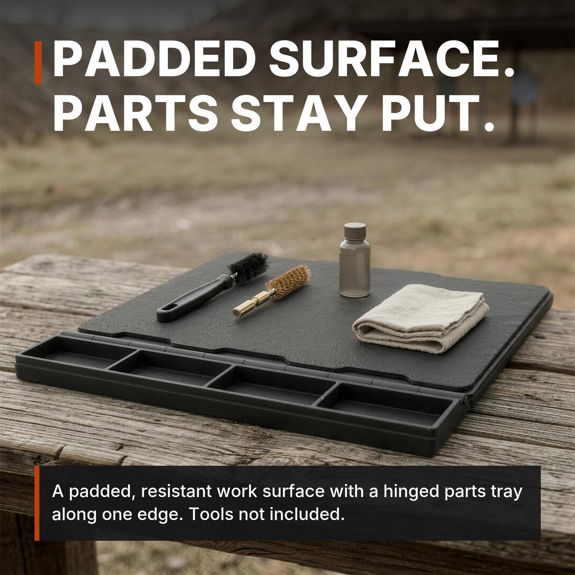 Padded surface, parts stay put. ICONTACTIC Maintenance Mat infographic. Tools not included. Concept render, illustrative