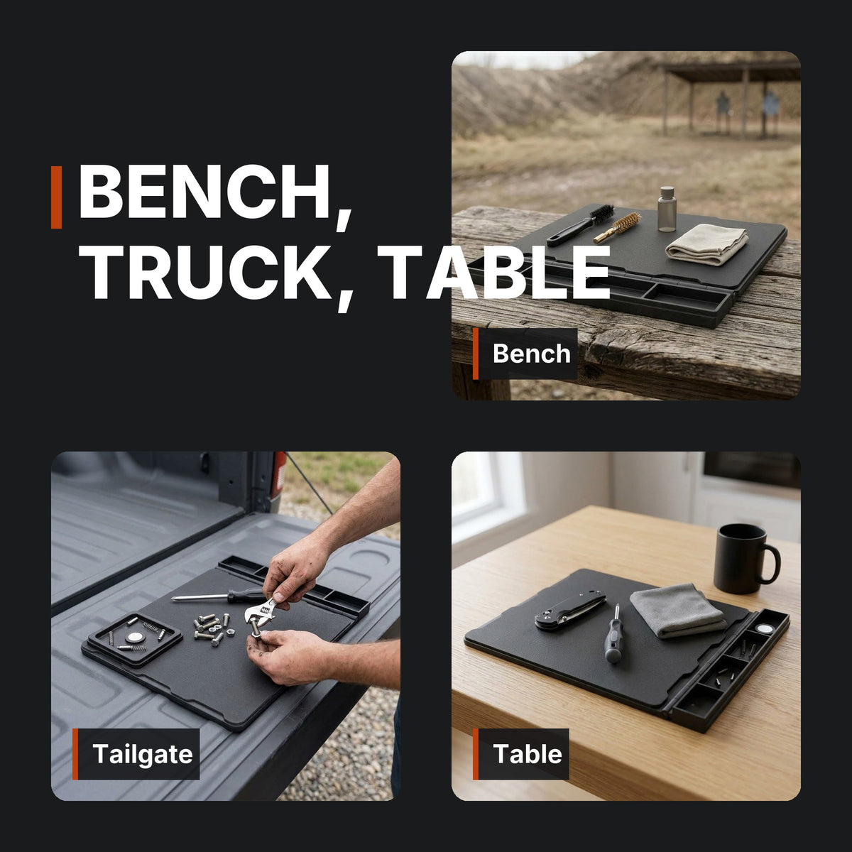 Bench, truck, table. ICONTACTIC Maintenance Mat infographic. Concept renders, illustrative