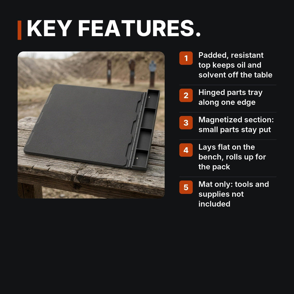 Maintenance Mat with Magnetic Parts Tray infographic: Key features