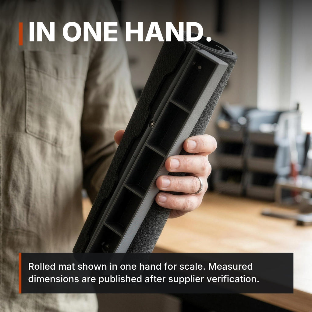 Maintenance Mat with Magnetic Parts Tray infographic: In one hand, rolled mat shown for scale