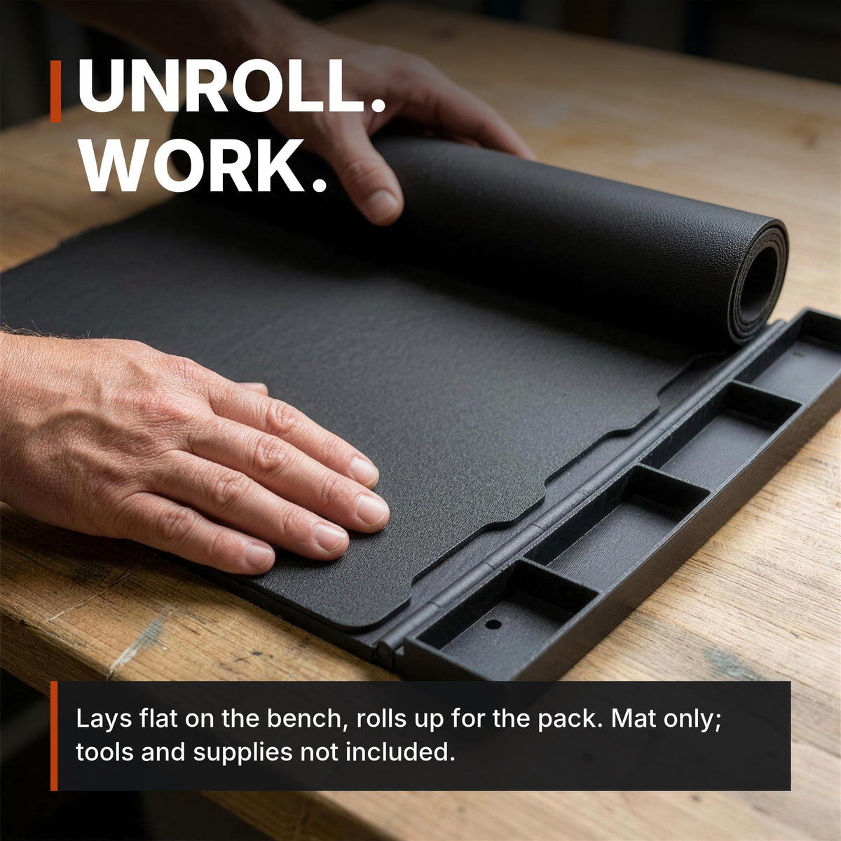Maintenance Mat with Magnetic Parts Tray infographic: Unroll, work