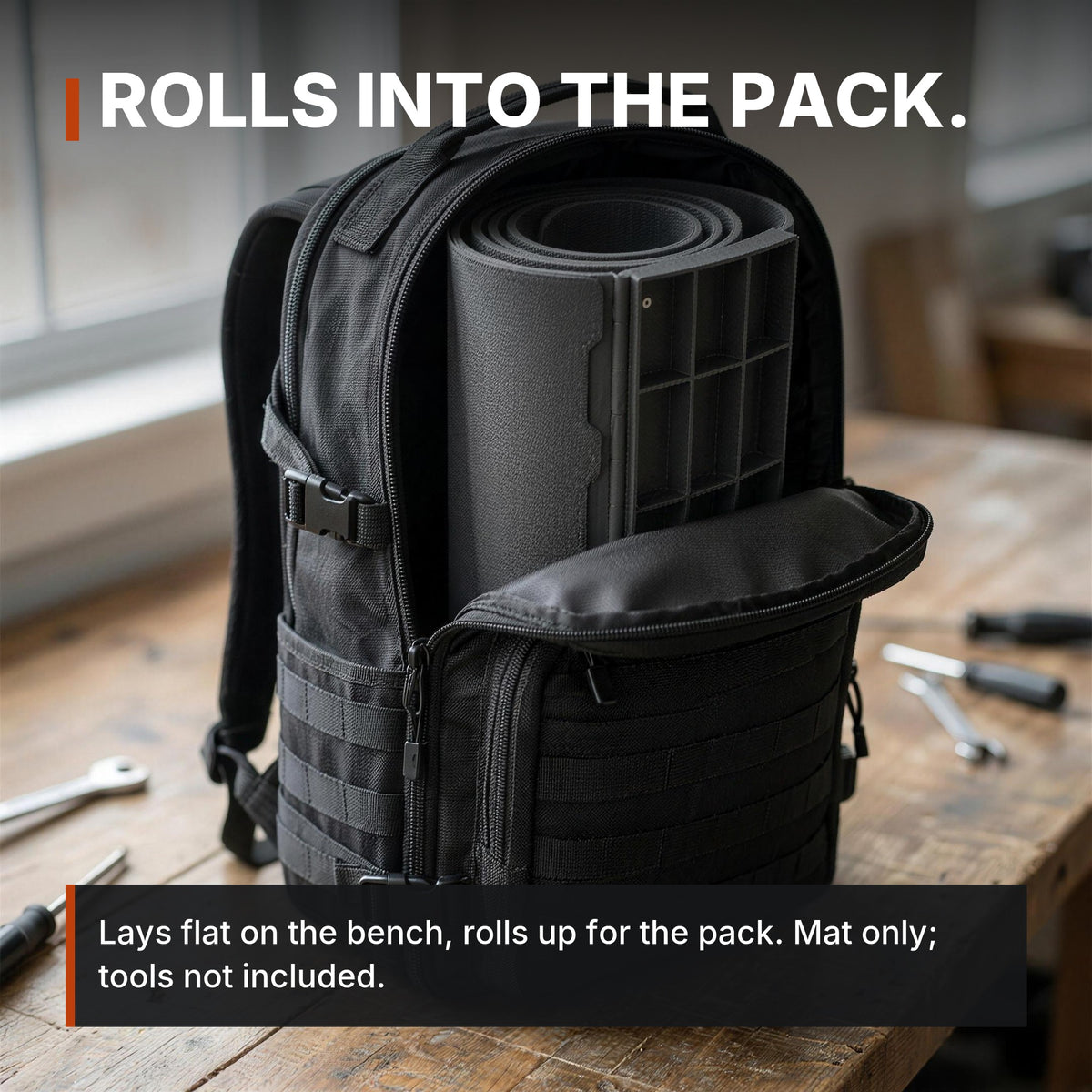 Maintenance Mat with Magnetic Parts Tray infographic: Rolls into the pack