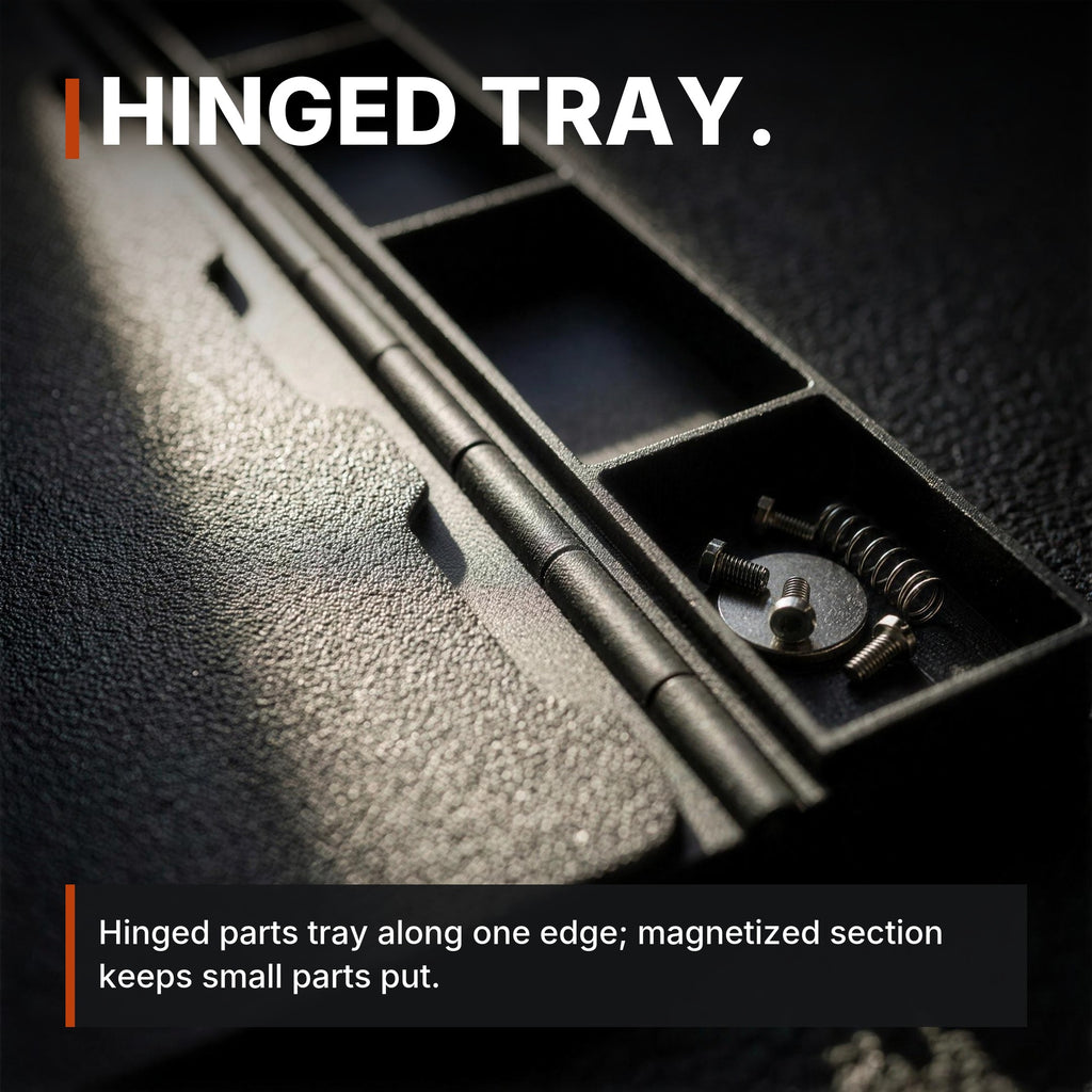 Maintenance Mat with Magnetic Parts Tray infographic: Hinged tray