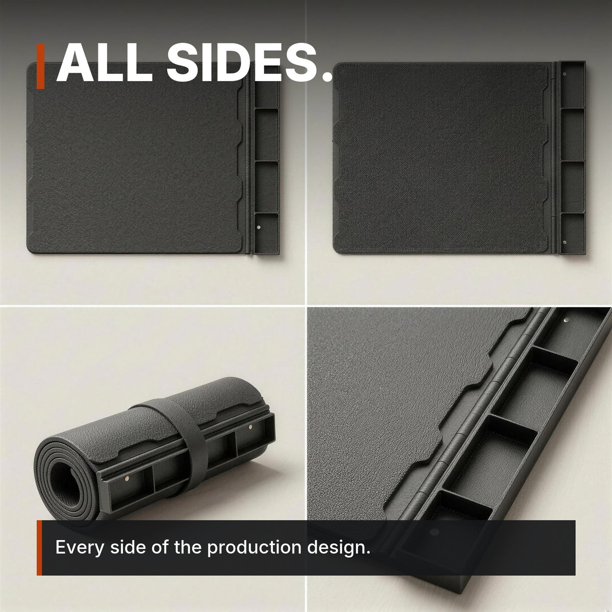 Maintenance Mat with Magnetic Parts Tray infographic: All sides, four views