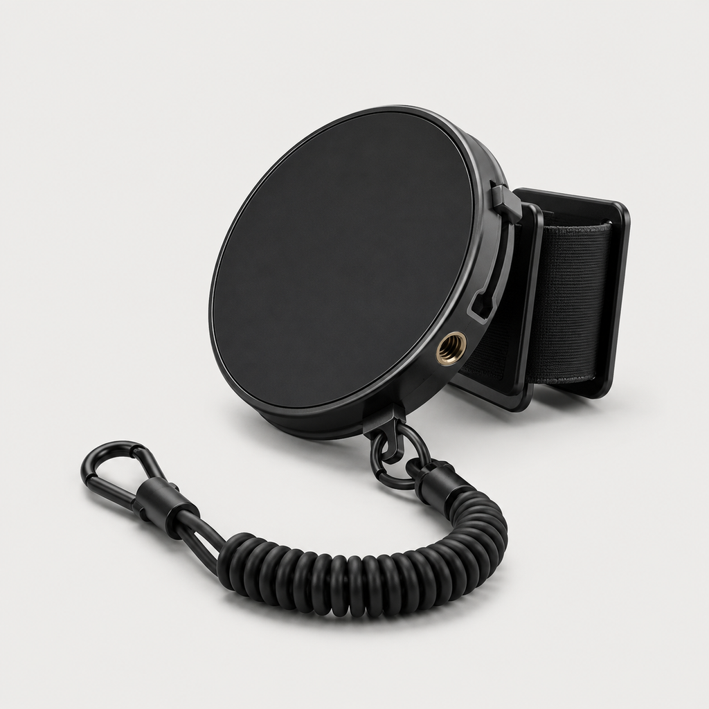 ICONTACTIC Magnetic Phone Mount for Straps and Webbing, concept render pending supplier verification, mount with elastic strap clip and coiled tether, no phone, on light grey