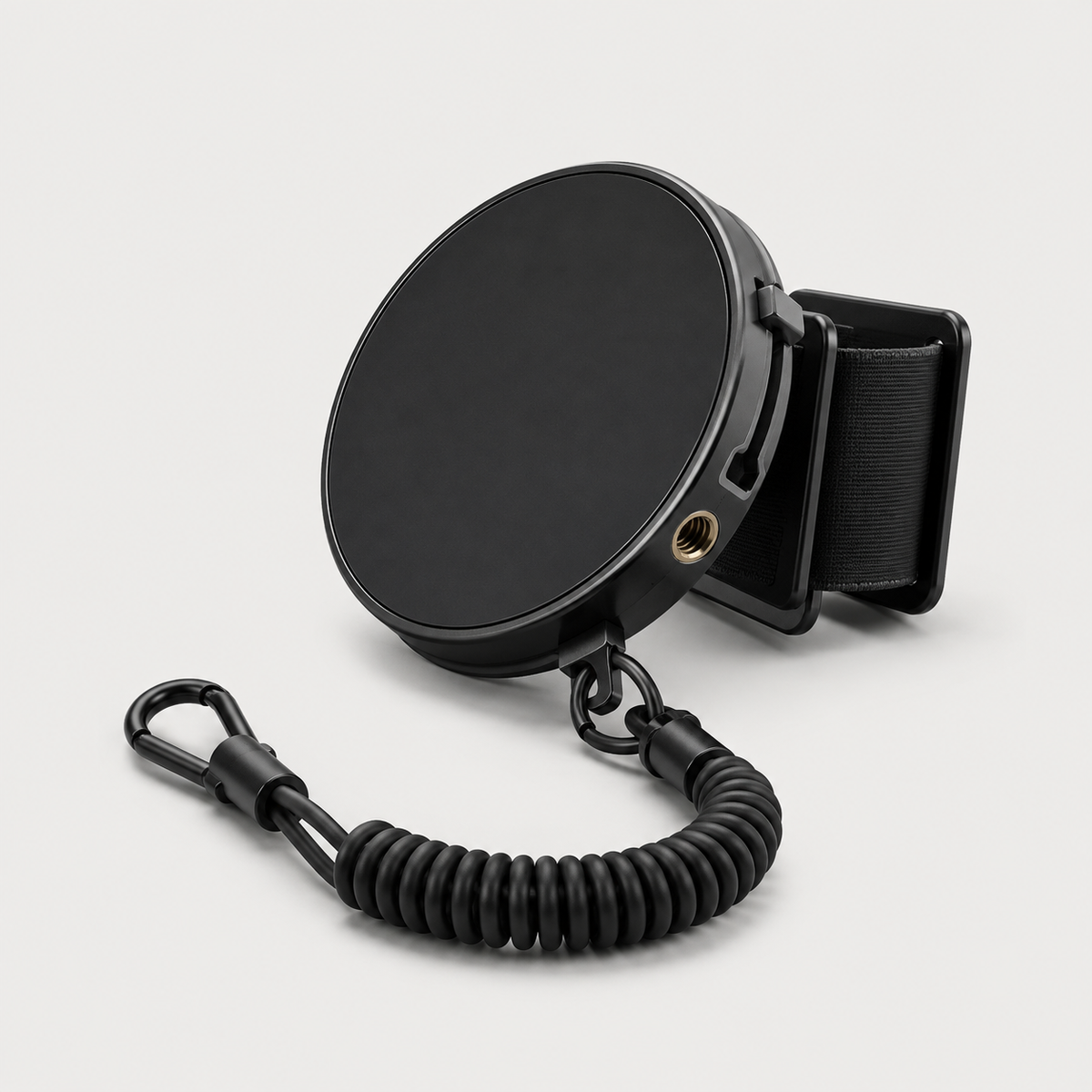 ICONTACTIC Magnetic Phone Mount for Straps and Webbing, concept render pending supplier verification, mount with elastic strap clip and coiled tether, no phone, on light grey
