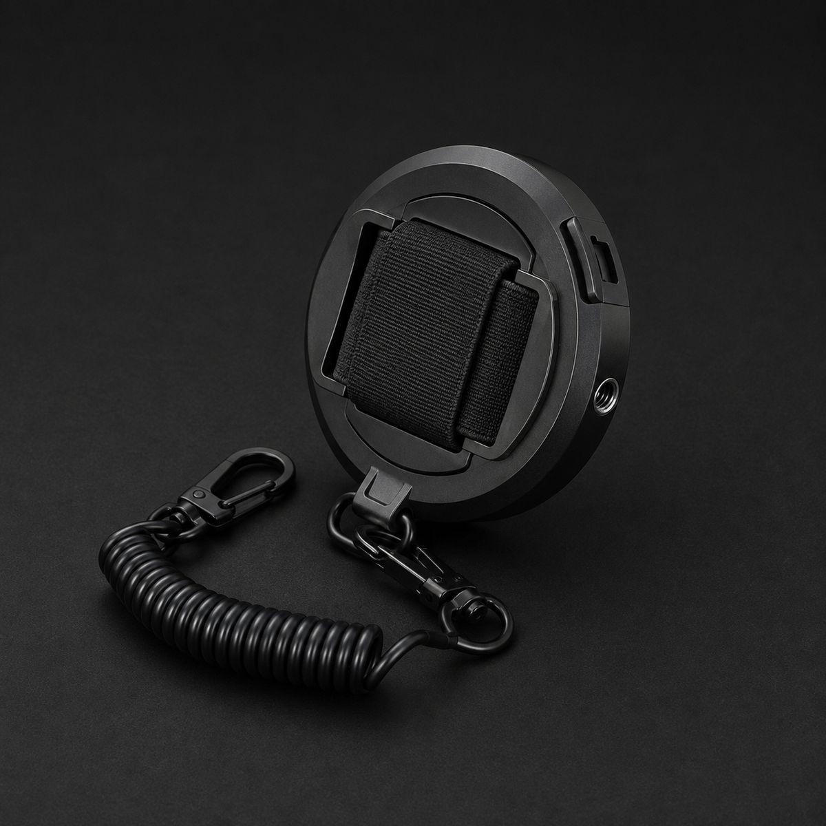ICONTACTIC Magnetic Phone Mount for Straps and Webbing, concept render pending supplier verification, rear view showing the strap clip and rim fittings, on graphite