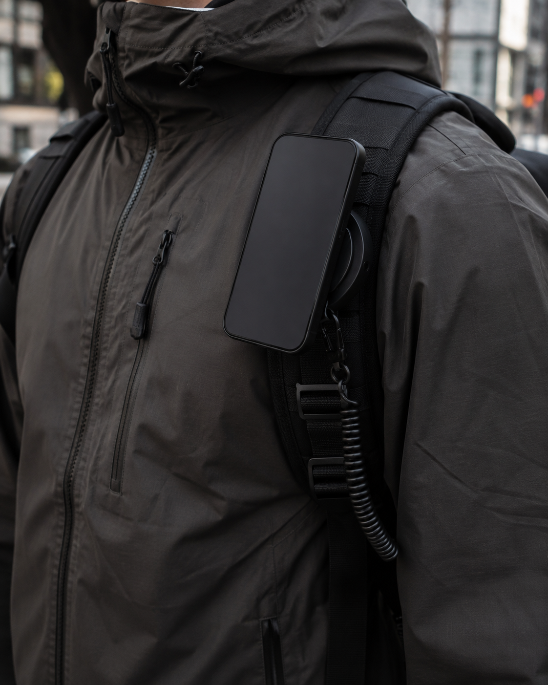 ICONTACTIC Magnetic Phone Mount for Straps and Webbing, concept render pending supplier verification, on a backpack strap holding a plain phone, illustrative