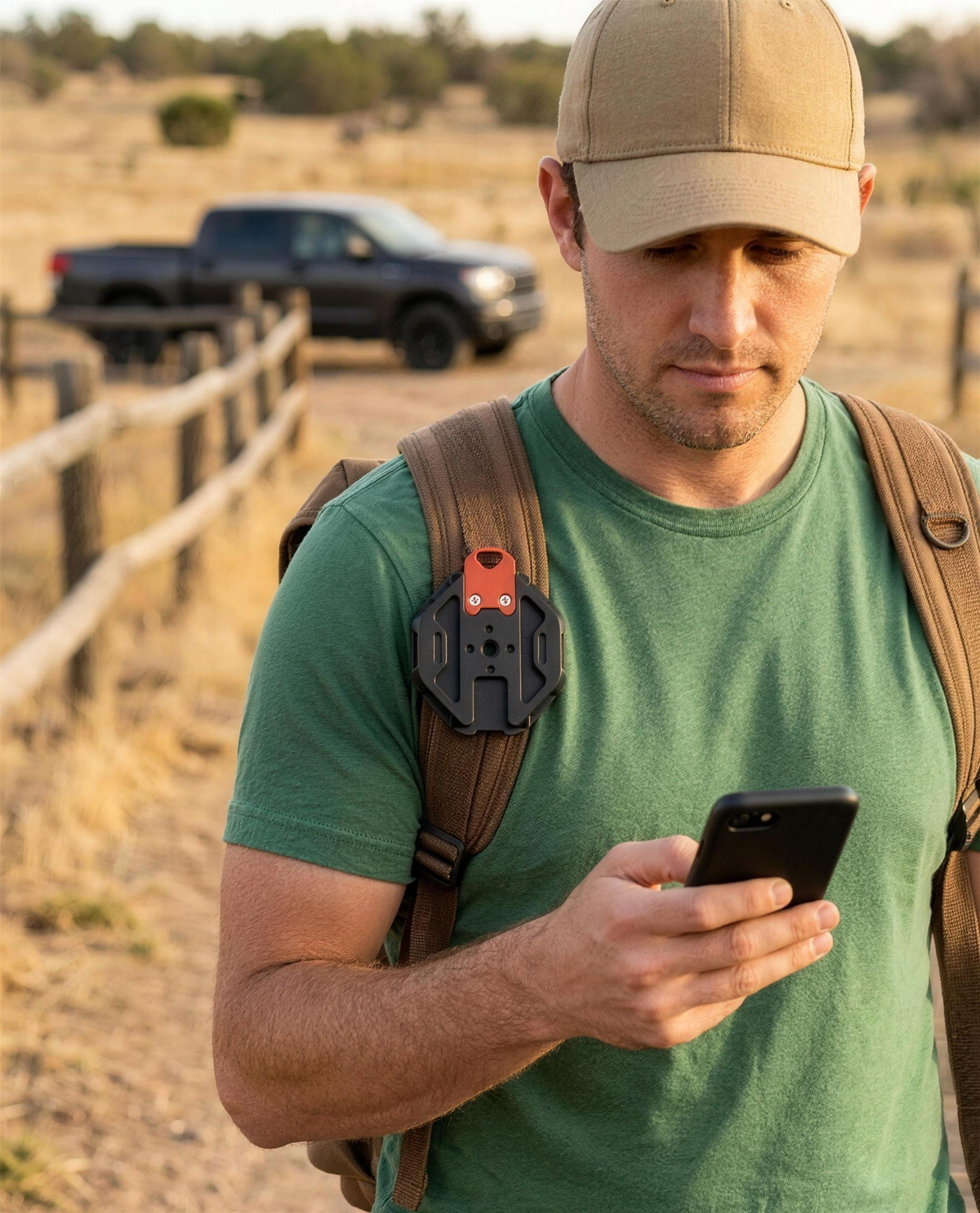 ICONTACTIC Magnetic Phone Mount for Straps and Webbing, concept render pending supplier verification, on a backpack strap with a plain phone in hand on a ranch trail, illustrative