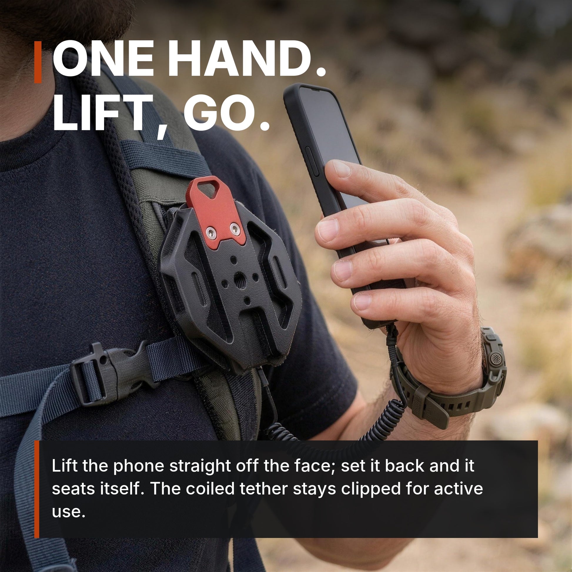ICONTACTIC Magnetic Phone Mount, headline: one hand, lift, go. Concept render, illustrative