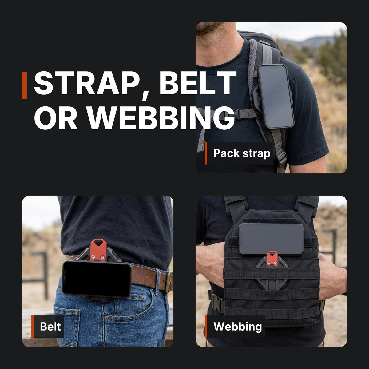 ICONTACTIC Magnetic Phone Mount collage: pack strap, belt and webbing. Concept renders, illustrative