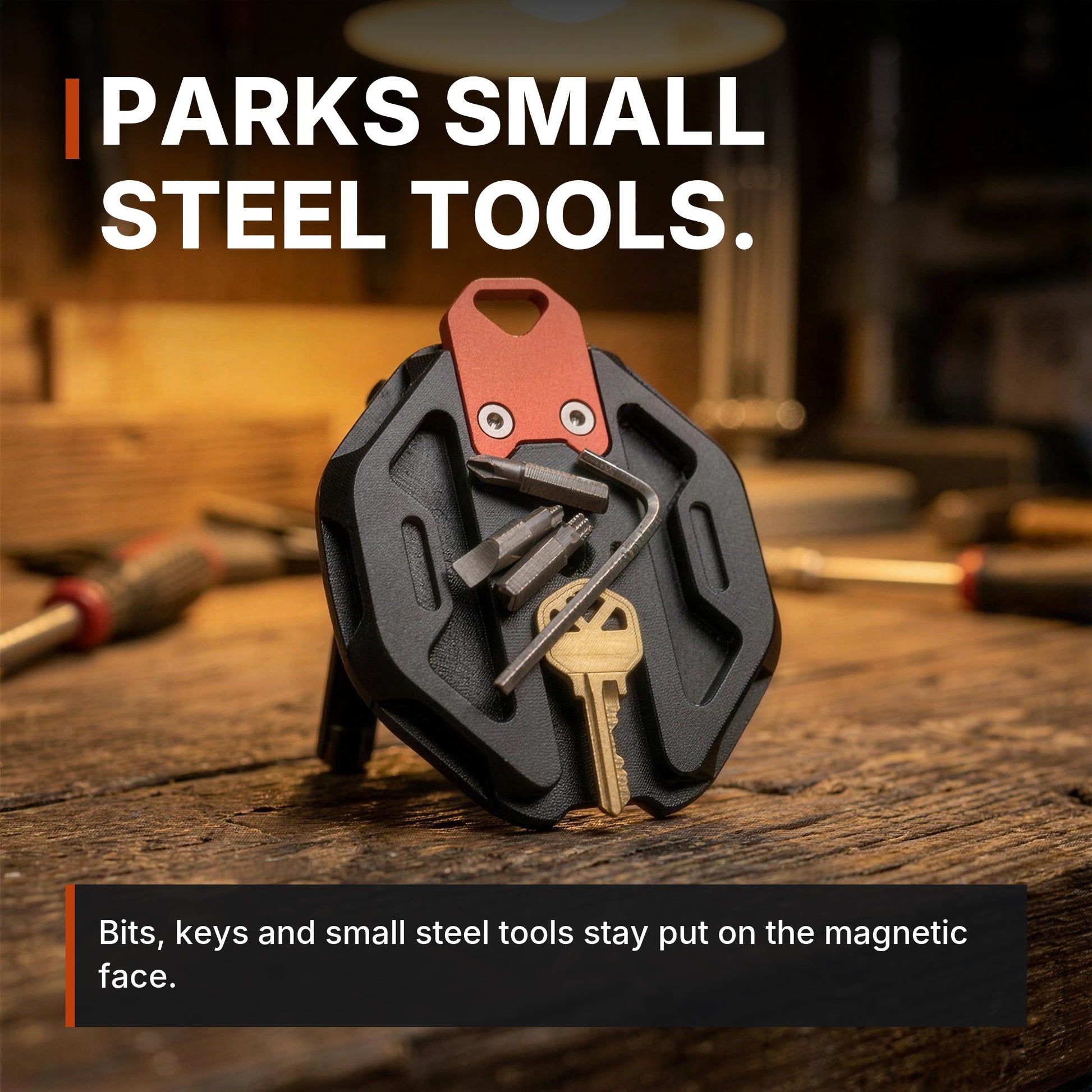 ICONTACTIC Magnetic Phone Mount holding bits and keys, headline: parks small steel tools. Concept render, illustrative