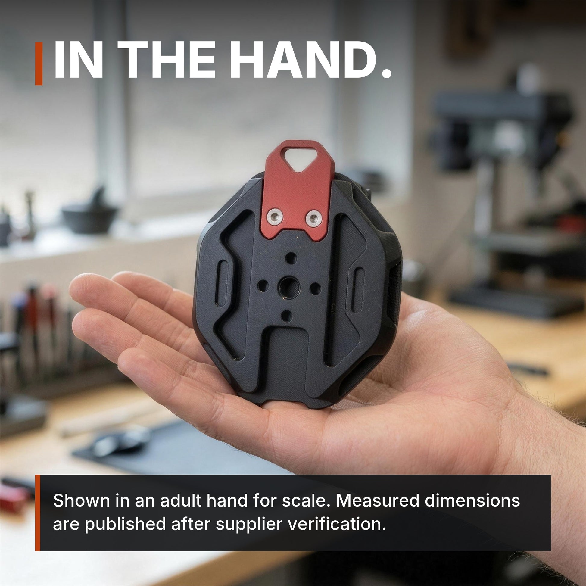 ICONTACTIC Magnetic Phone Mount for Straps and Webbing infographic: In the hand, shown for scale