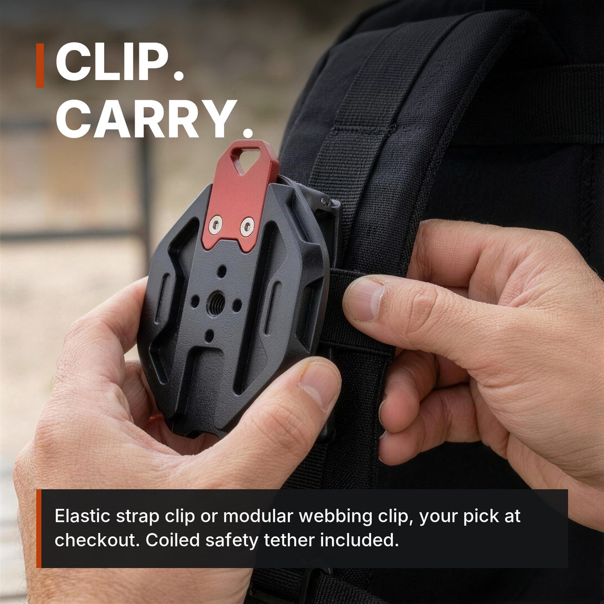 ICONTACTIC Magnetic Phone Mount for Straps and Webbing infographic: Clip, carry