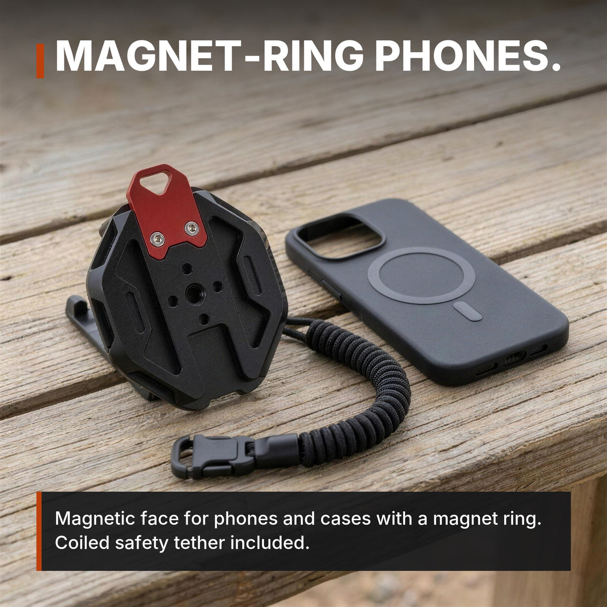 ICONTACTIC Magnetic Phone Mount for Straps and Webbing infographic: Magnet-ring phones