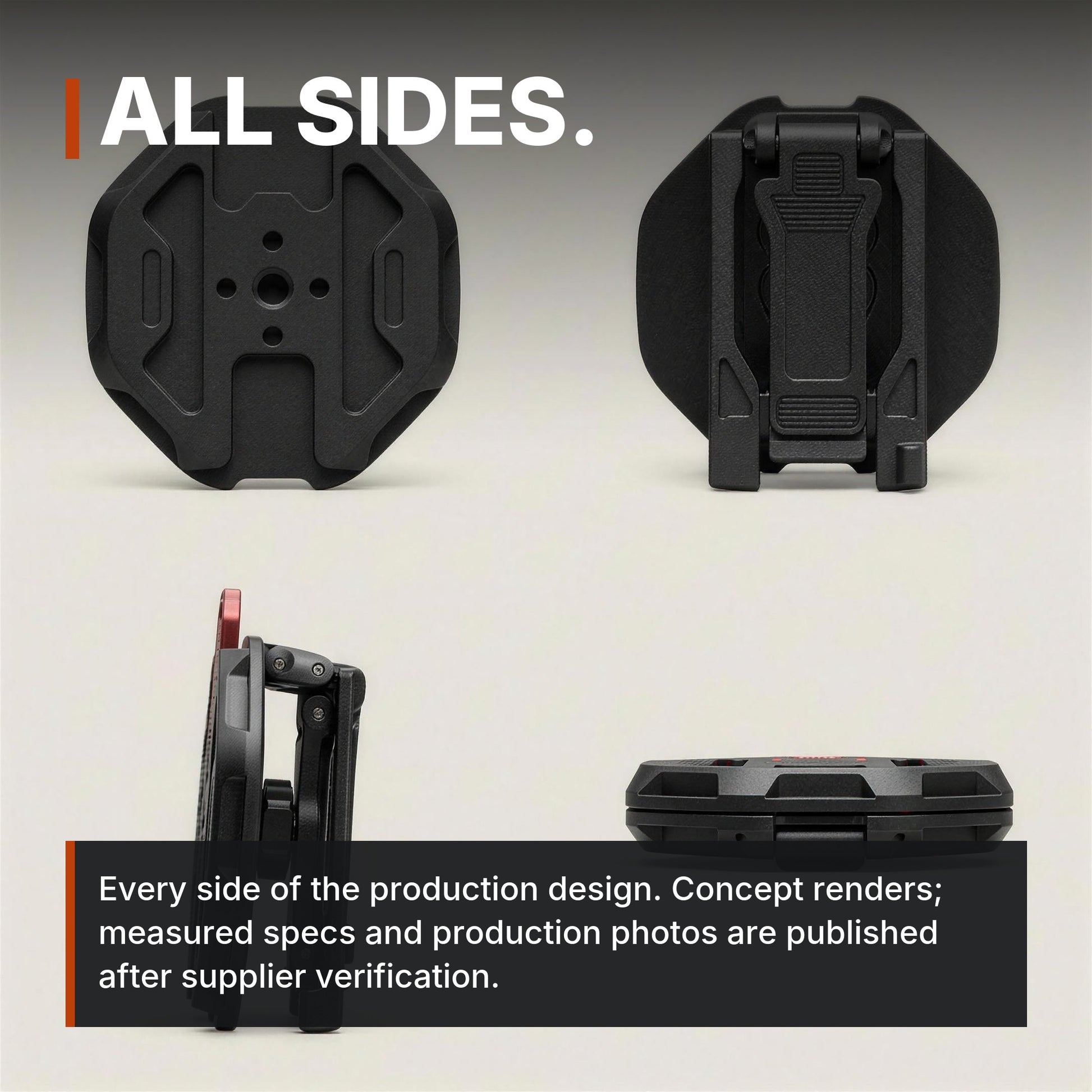 ICONTACTIC Magnetic Phone Mount for Straps and Webbing infographic: All sides, four views