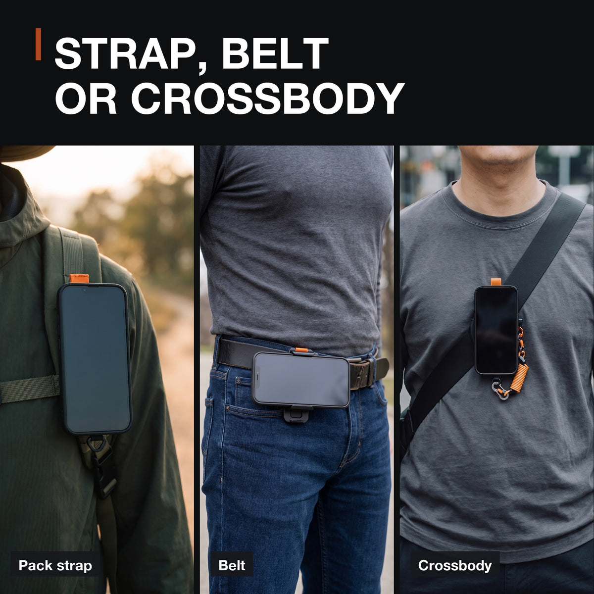 Magnetic Phone Mount infographic: strap, belt or crossbody. Pack strap, belt and crossbody strap placements