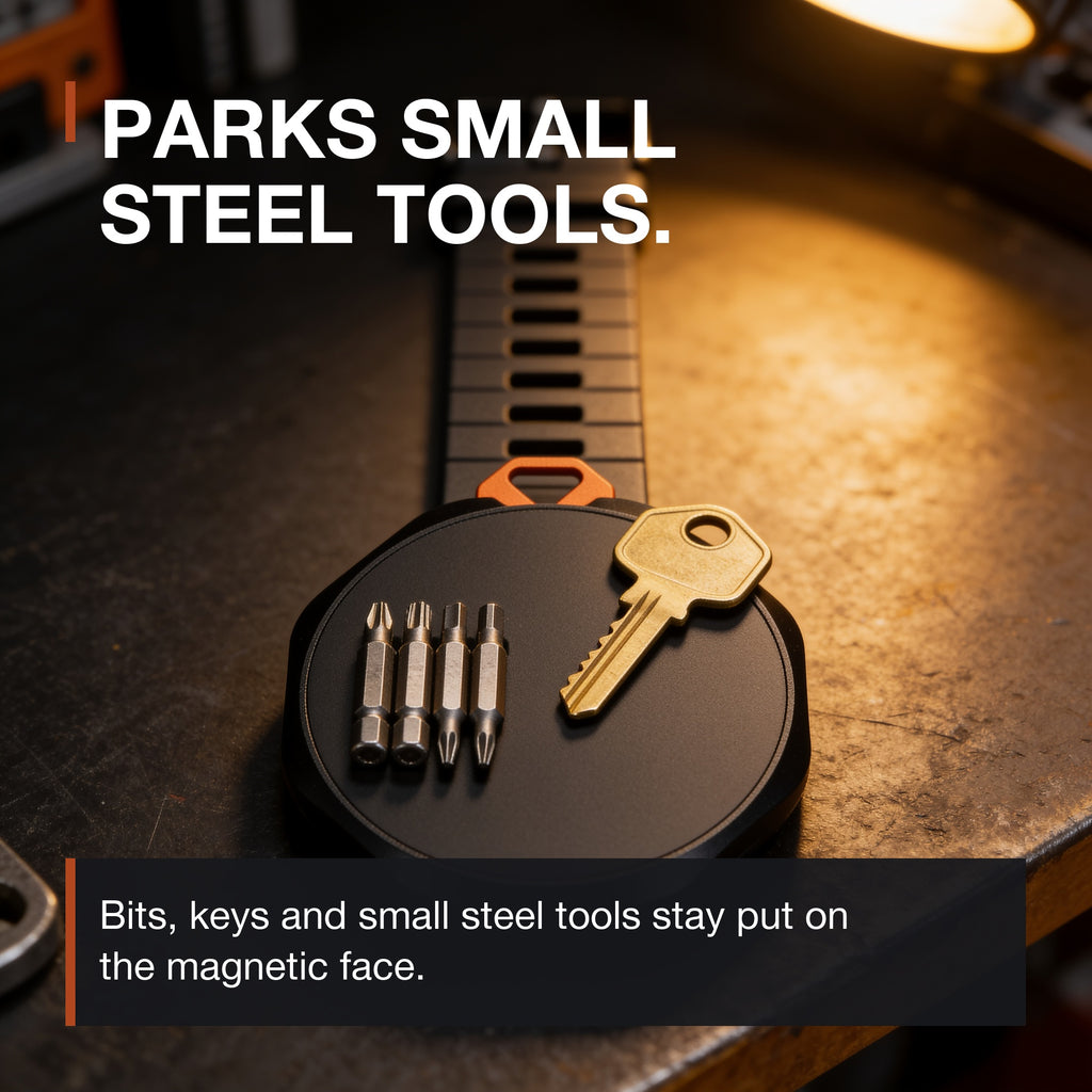 Magnetic Phone Mount holding bits and keys: parks small steel tools