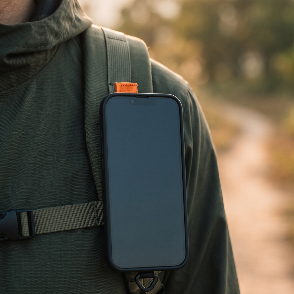 Magnetic Phone Mount on a backpack shoulder strap, phone flat against the mount with the screen facing out