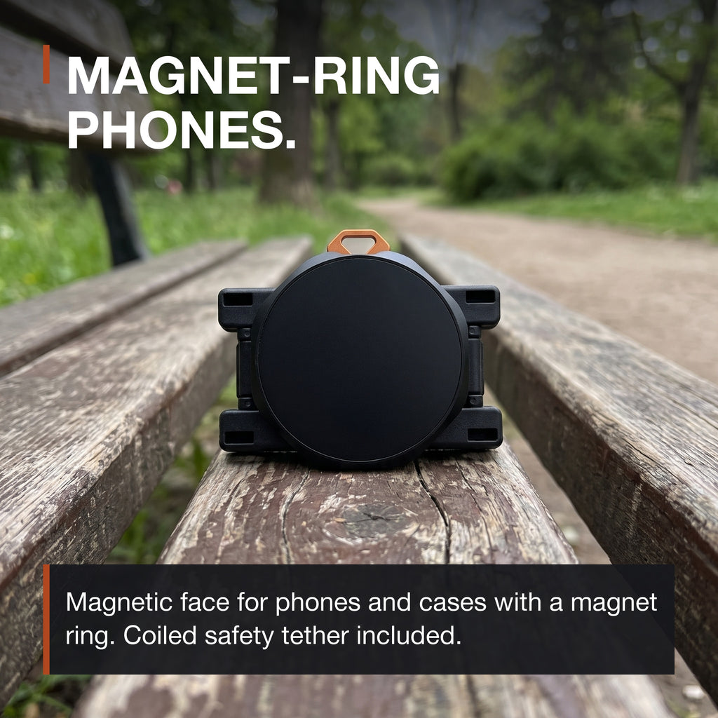 Magnetic Phone Mount infographic: magnetic face for phones and cases with a magnet ring