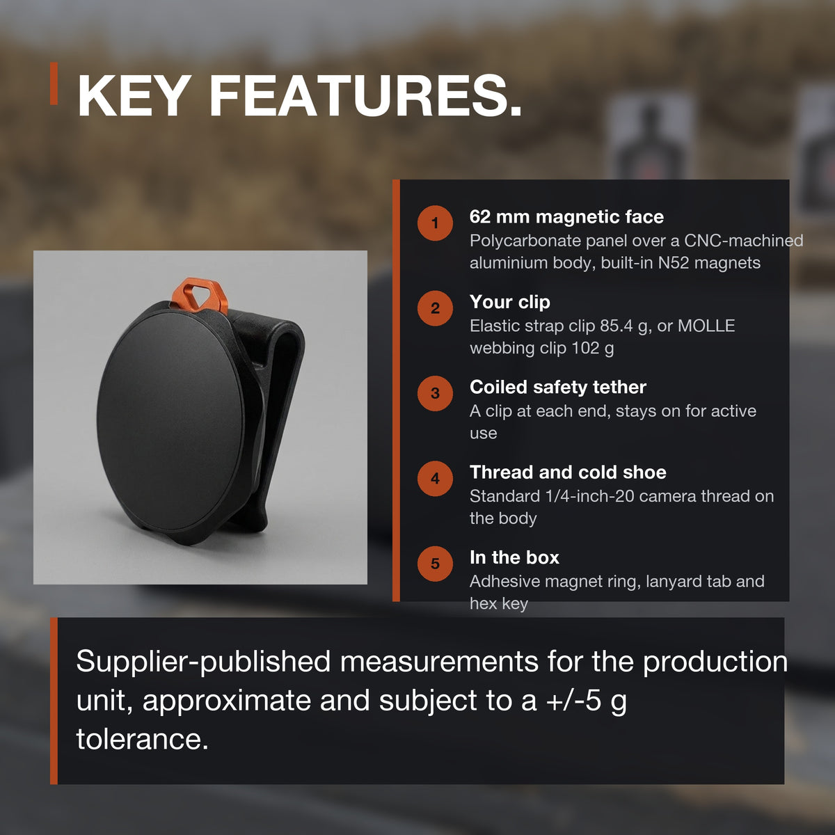 Magnetic Phone Mount key features: 62 mm magnetic face, clip choice, coiled tether, camera thread and cold shoe, what is in the box