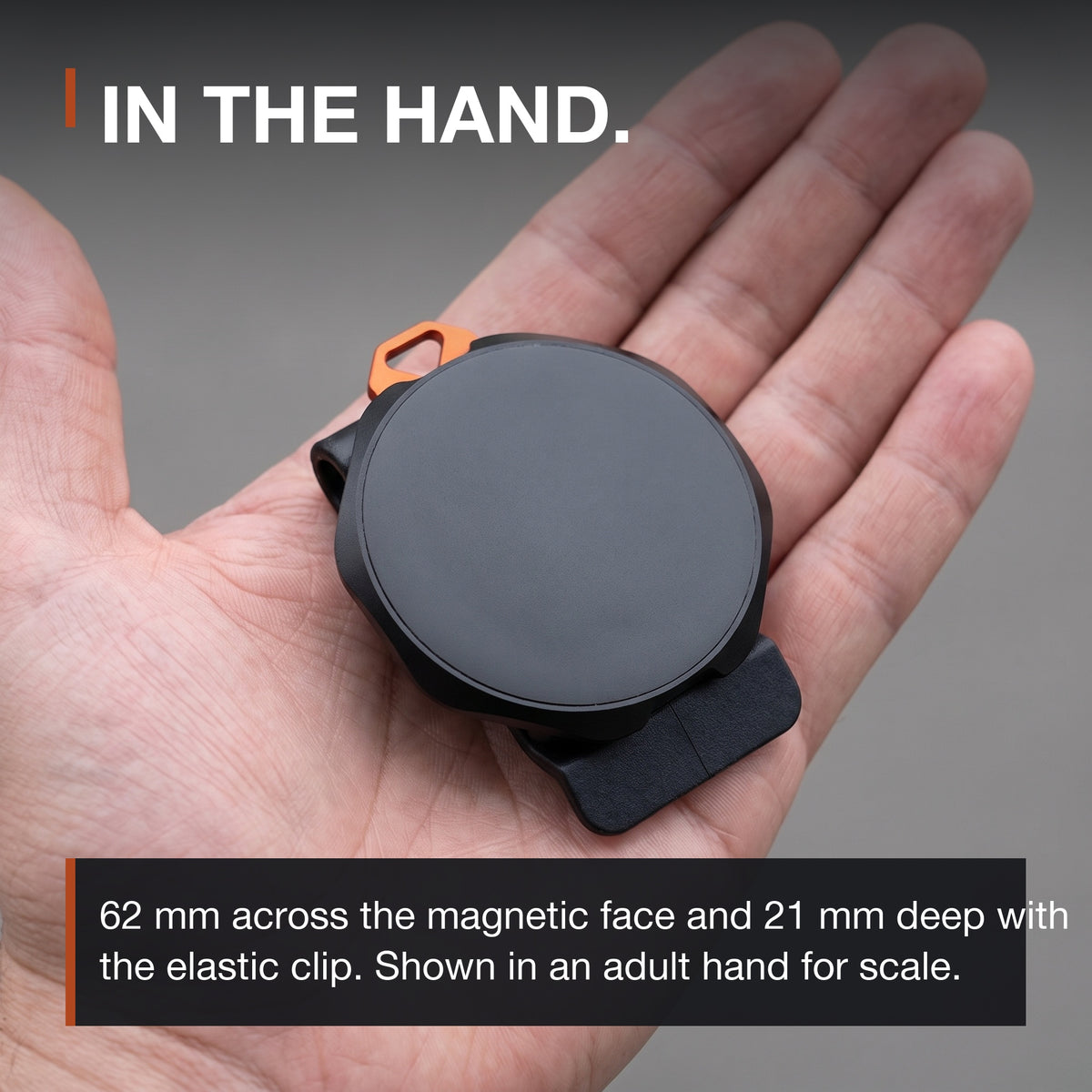Magnetic Phone Mount infographic: 62 mm magnetic face shown in an adult hand for scale