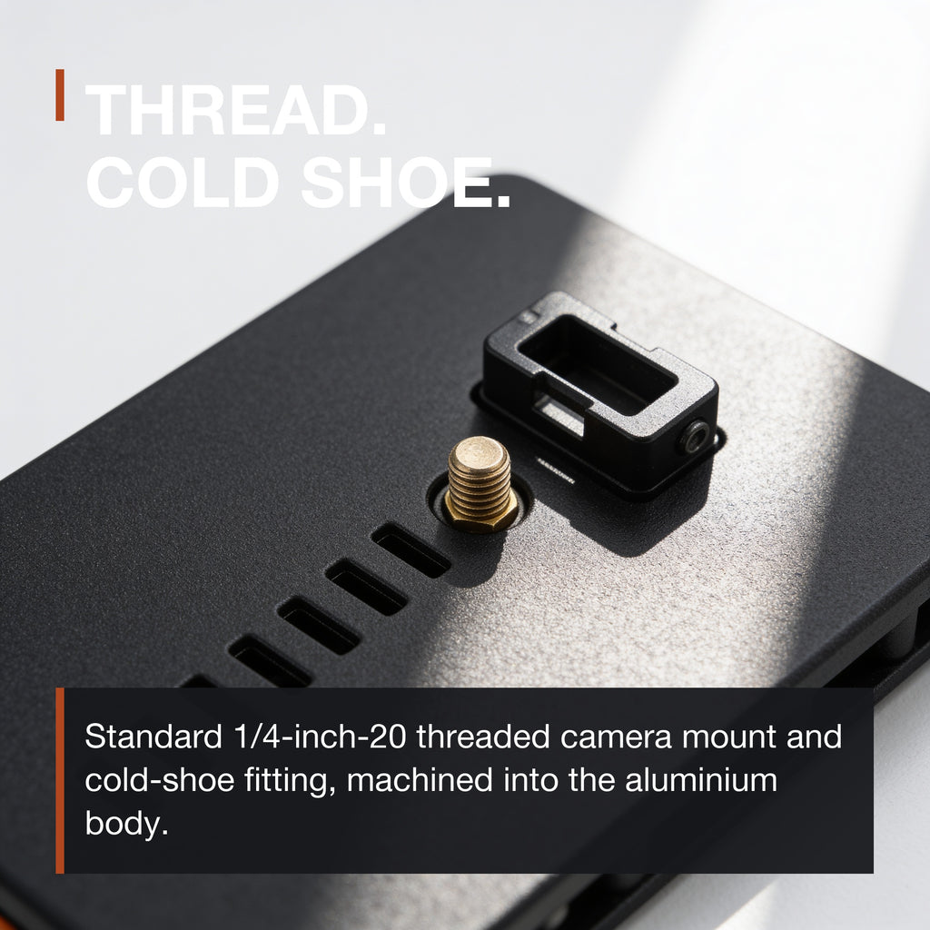 Magnetic Phone Mount macro: 1/4-inch-20 threaded camera mount and cold-shoe fitting in the aluminium body