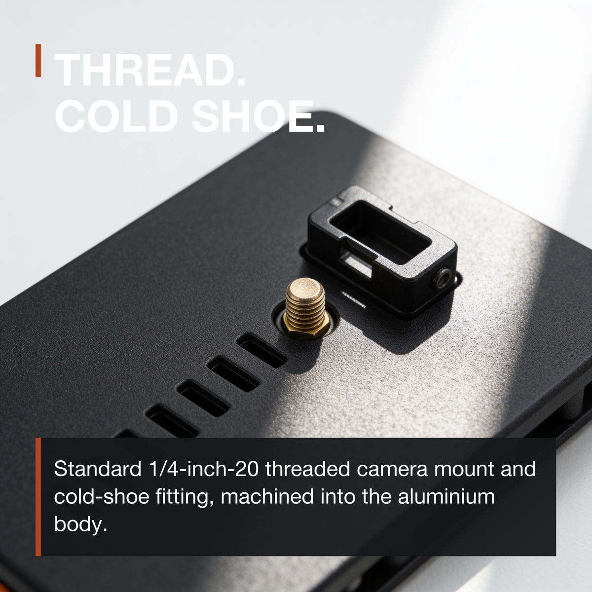 Magnetic Phone Mount macro: 1/4-inch-20 threaded camera mount and cold-shoe fitting in the aluminium body