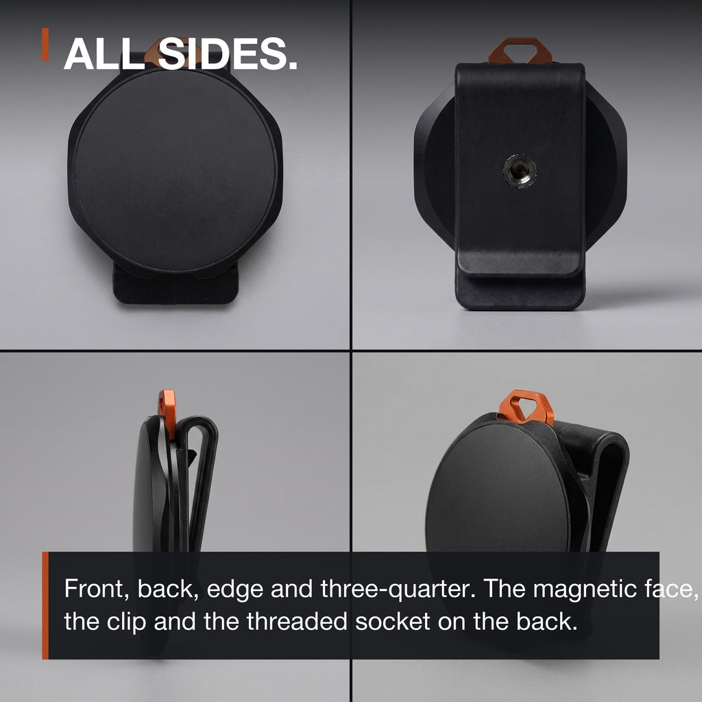 Magnetic Phone Mount from all sides: front, back with the threaded socket, edge profile and three-quarter
