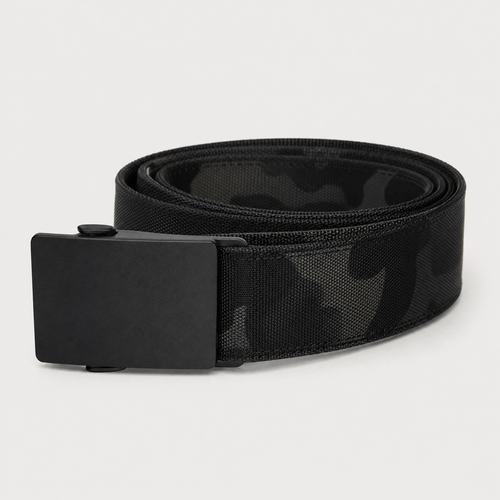 ICONTACTIC 1.5-Inch Nylon Ratchet Belt, concept render pending supplier verification, coiled belt in black camo weave with a plain matte buckle, on light grey