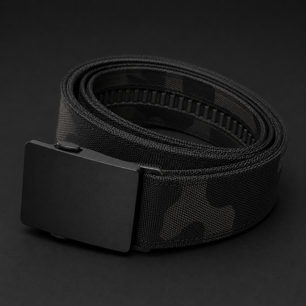 ICONTACTIC 1.5-Inch Nylon Ratchet Belt, concept render pending supplier verification, buckle and inner track close-up on graphite