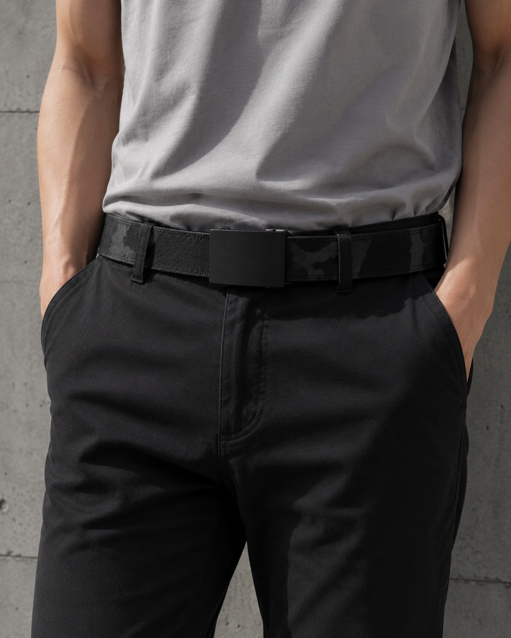 ICONTACTIC 1.5-Inch Nylon Ratchet Belt, concept render pending supplier verification, worn with dark trousers, waist-level view, illustrative