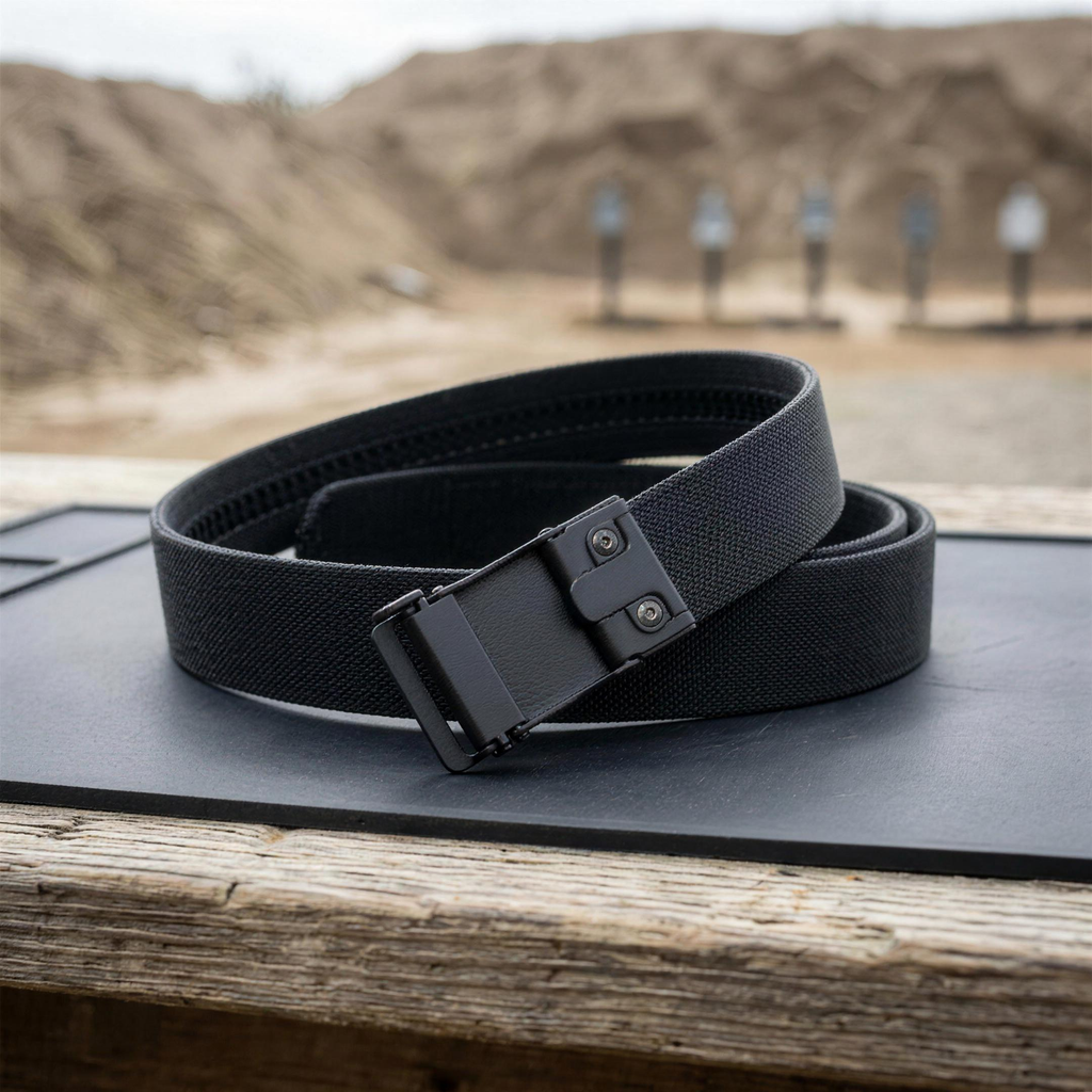 ICONTACTIC 1.5-Inch Nylon Ratchet Belt, concept render pending supplier verification, coiled belt with buckle on an outdoor range bench