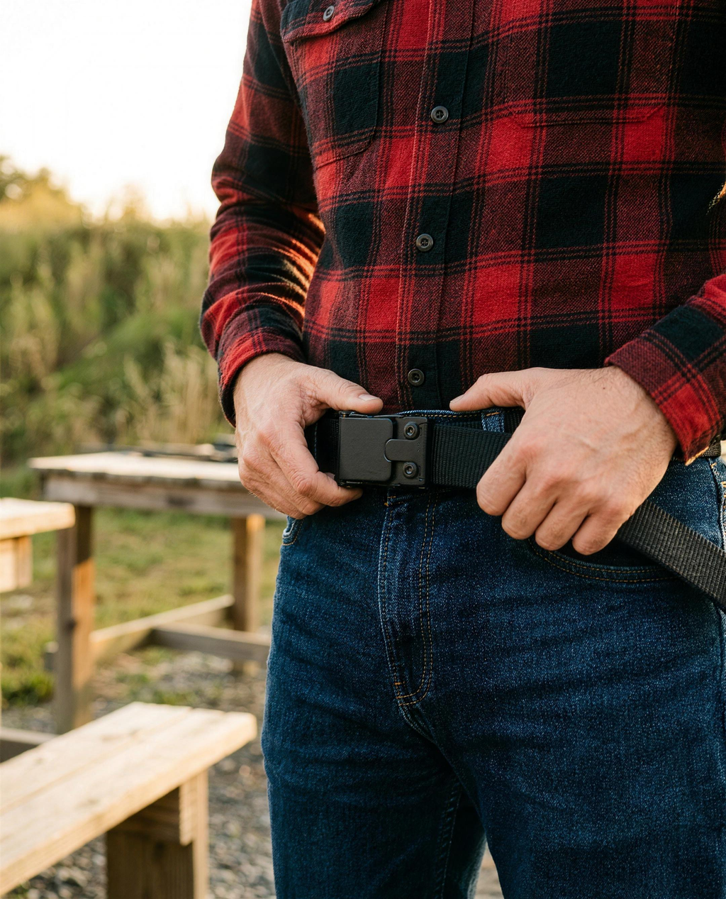 ICONTACTIC 1.5-Inch Nylon Ratchet Belt, concept render pending supplier verification, being buckled at the waist at an outdoor range, illustrative