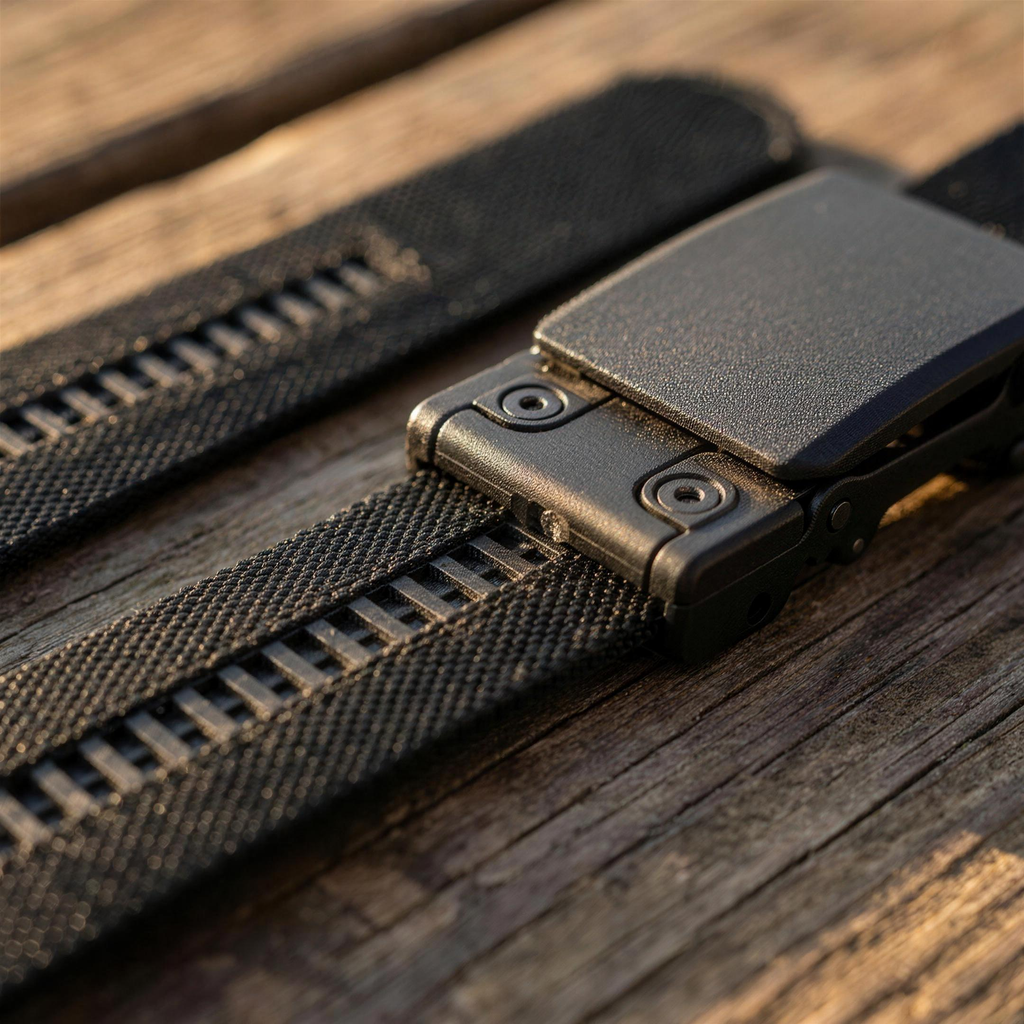ICONTACTIC 1.5-Inch Nylon Ratchet Belt, concept render pending supplier verification, close-up of the ratchet buckle and toothed track