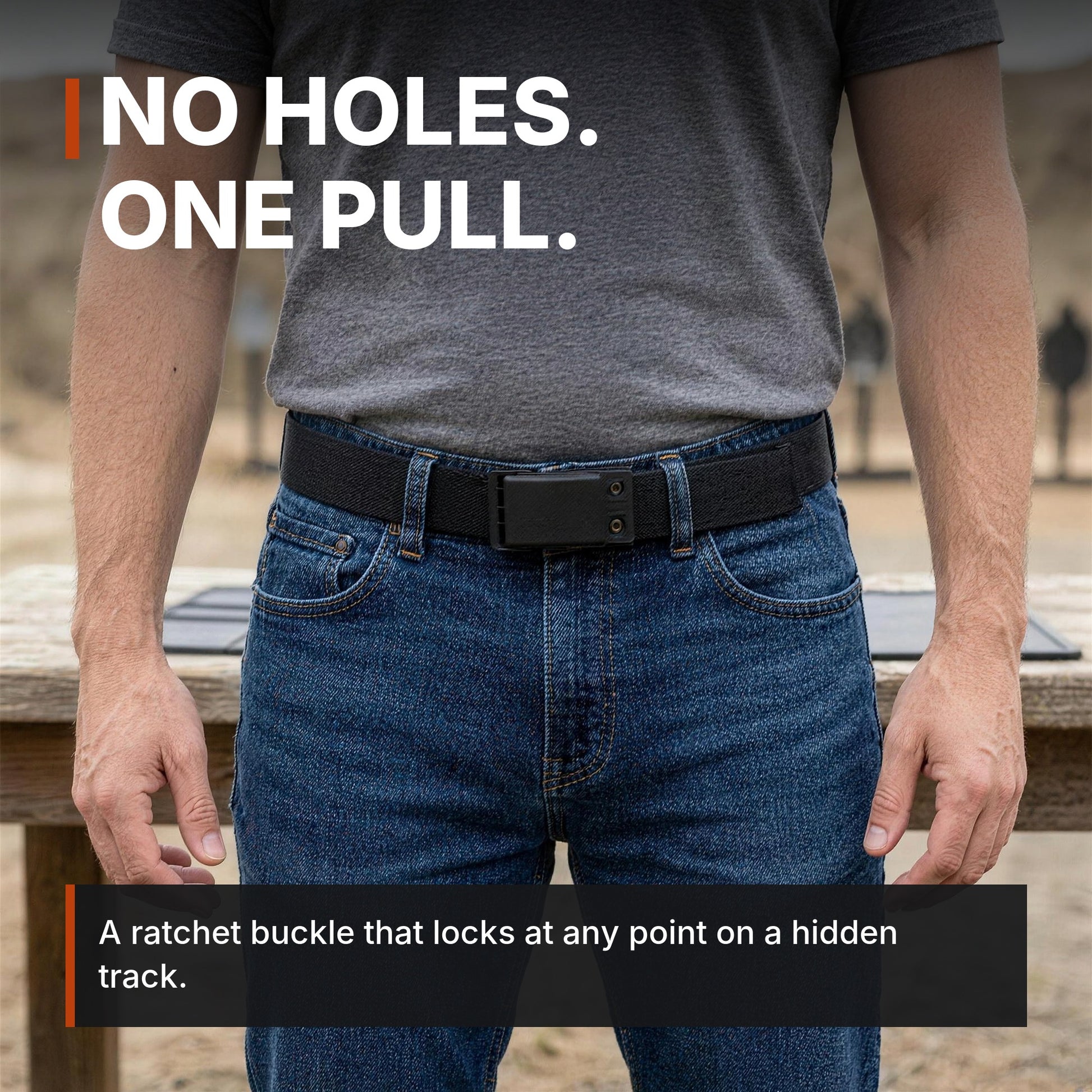 No holes, one pull. ICONTACTIC 1.5-Inch Nylon Ratchet Belt infographic. Concept render, illustrative