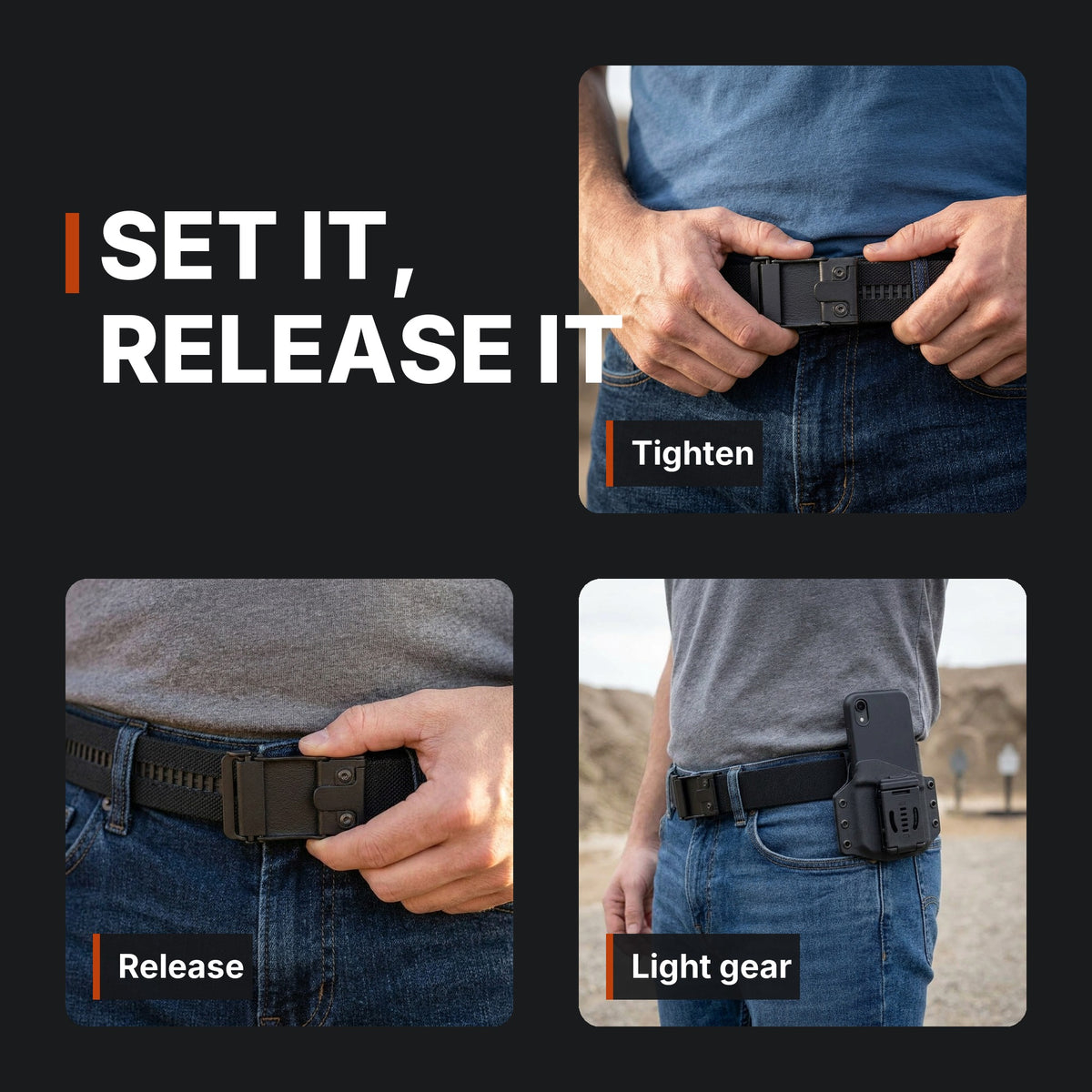 Set it, release it: tighten, release, light gear. ICONTACTIC 1.5-Inch Nylon Ratchet Belt infographic. Concept renders, illustrative