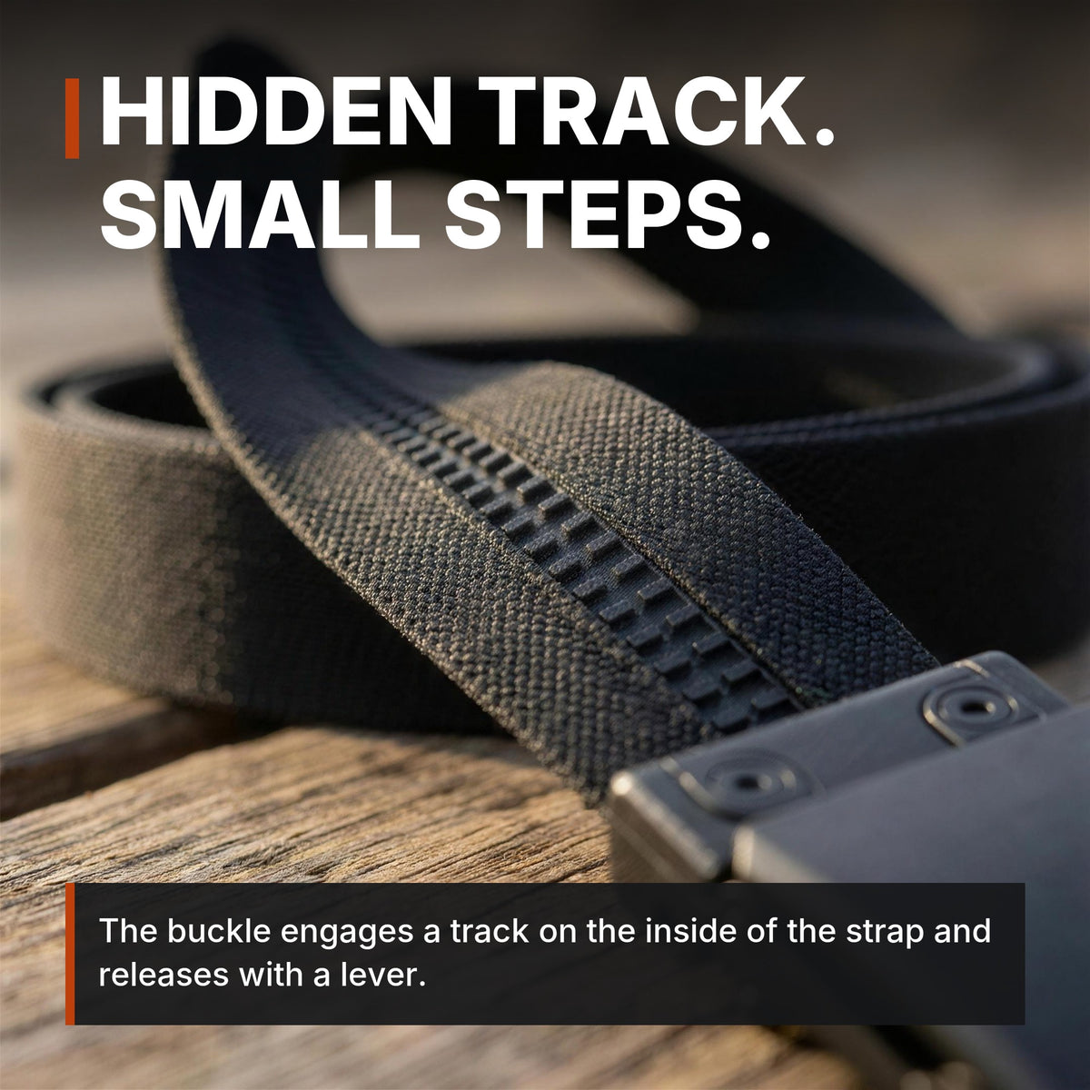 Hidden track, small steps. ICONTACTIC 1.5-Inch Nylon Ratchet Belt infographic. Concept render, illustrative