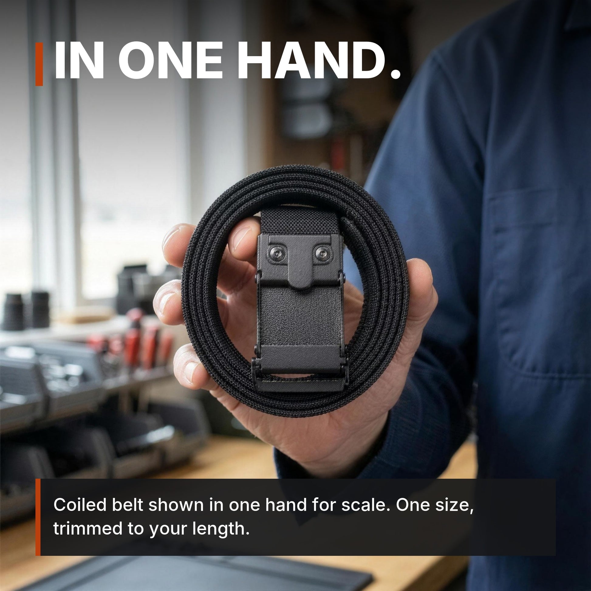 ICONTACTIC 1.5-Inch Nylon Ratchet Belt infographic: In one hand, coiled belt shown for scale