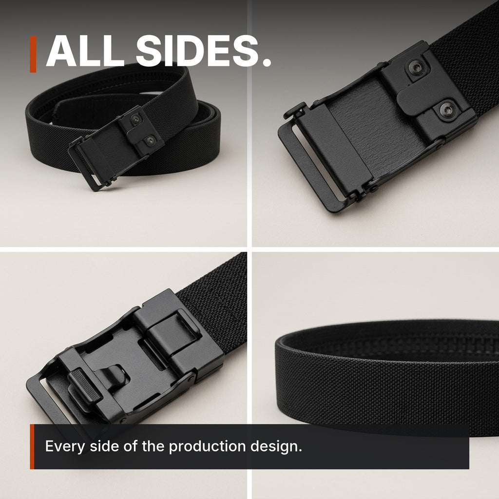1.5-Inch Nylon Ratchet Belt infographic: All sides, four views