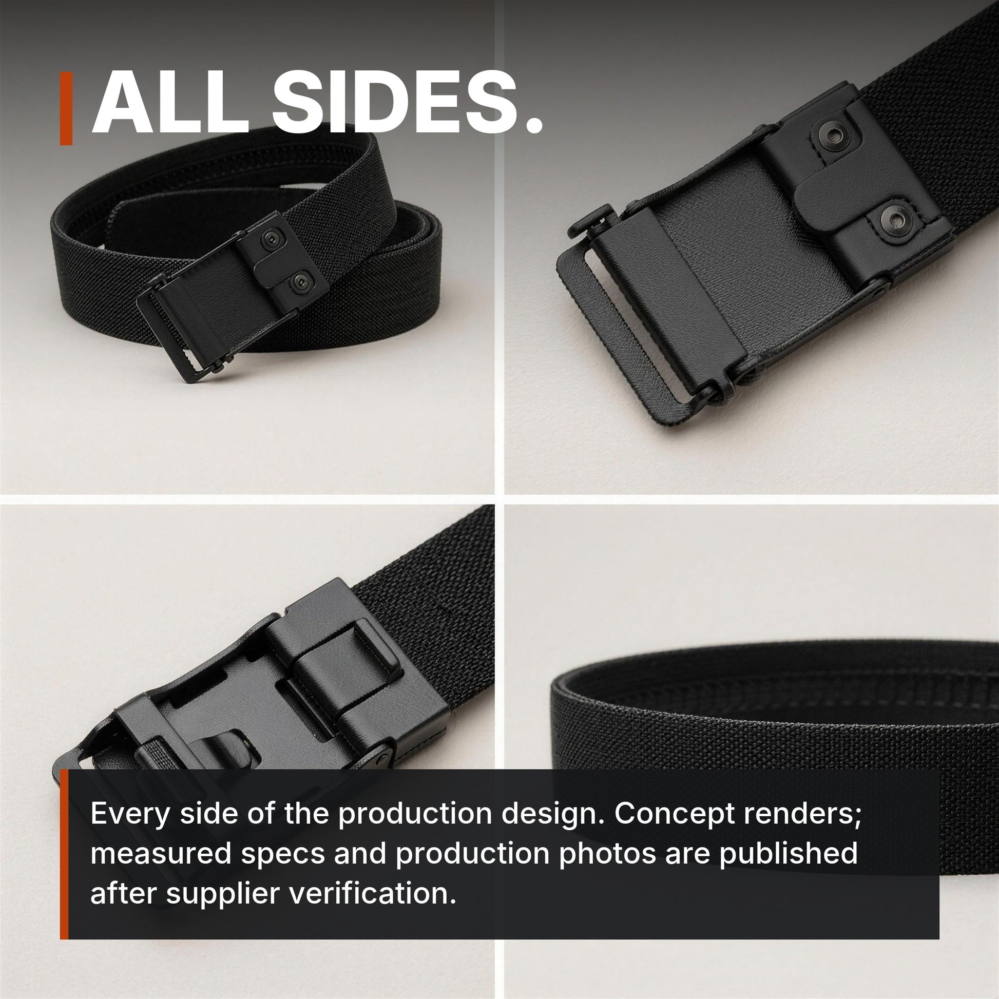 ICONTACTIC 1.5-Inch Nylon Ratchet Belt infographic: All sides, four views