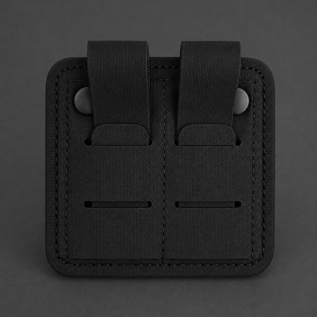 ICONTACTIC Magnetic Retention Catch, concept render pending supplier verification, rear view showing the two snap straps and weave slots on graphite