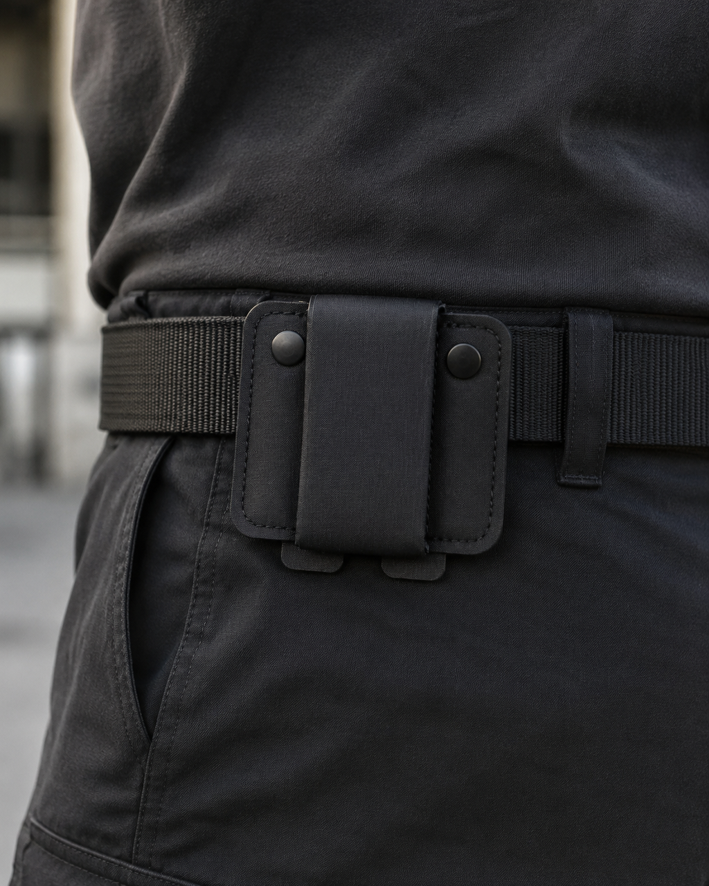 ICONTACTIC Magnetic Retention Catch, concept render pending supplier verification, worn empty on a plain belt at the hip, illustrative