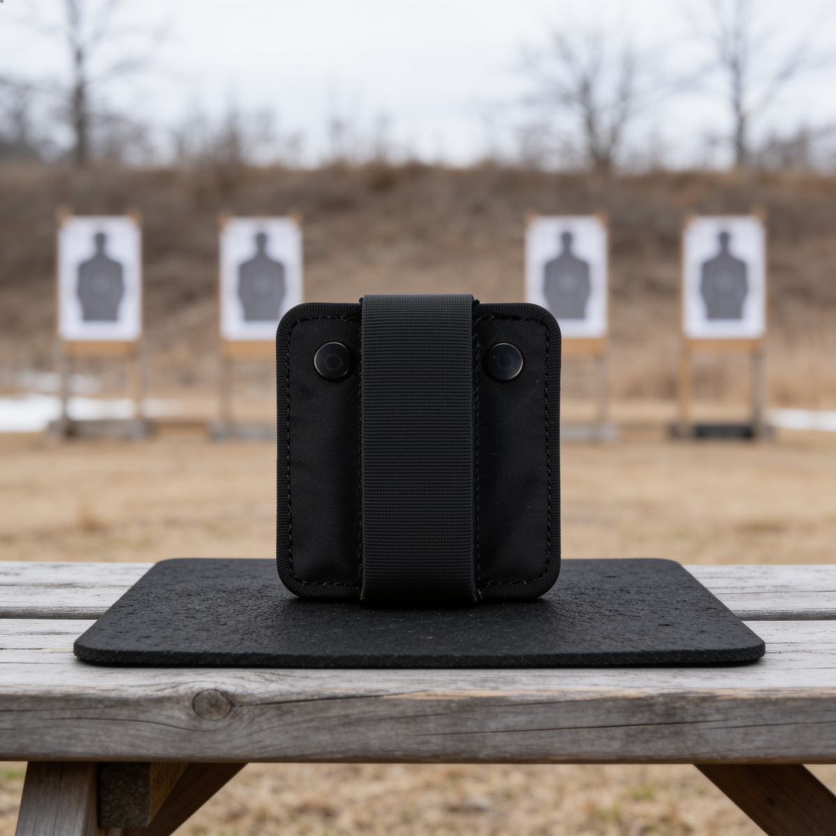 ICONTACTIC Magnetic Retention Catch, front view with the centre strap and two snap studs, on an outdoor range bench