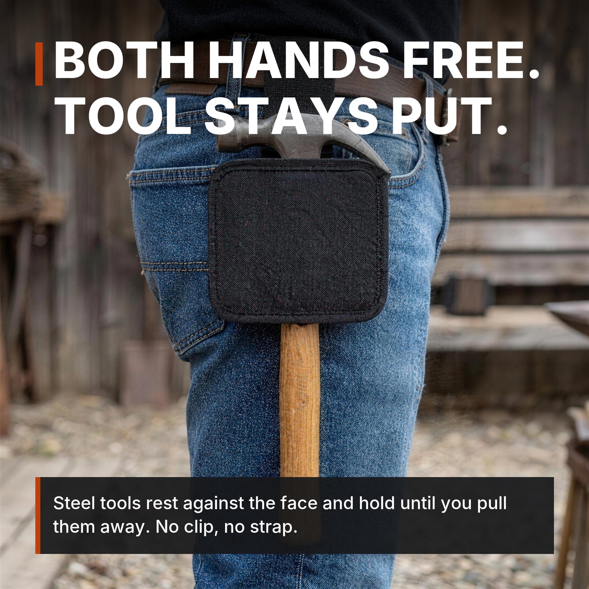 ICONTACTIC Magnetic Retention Catch holding a hammer at the hip, headline: both hands free, tool stays put. Concept render, illustrative