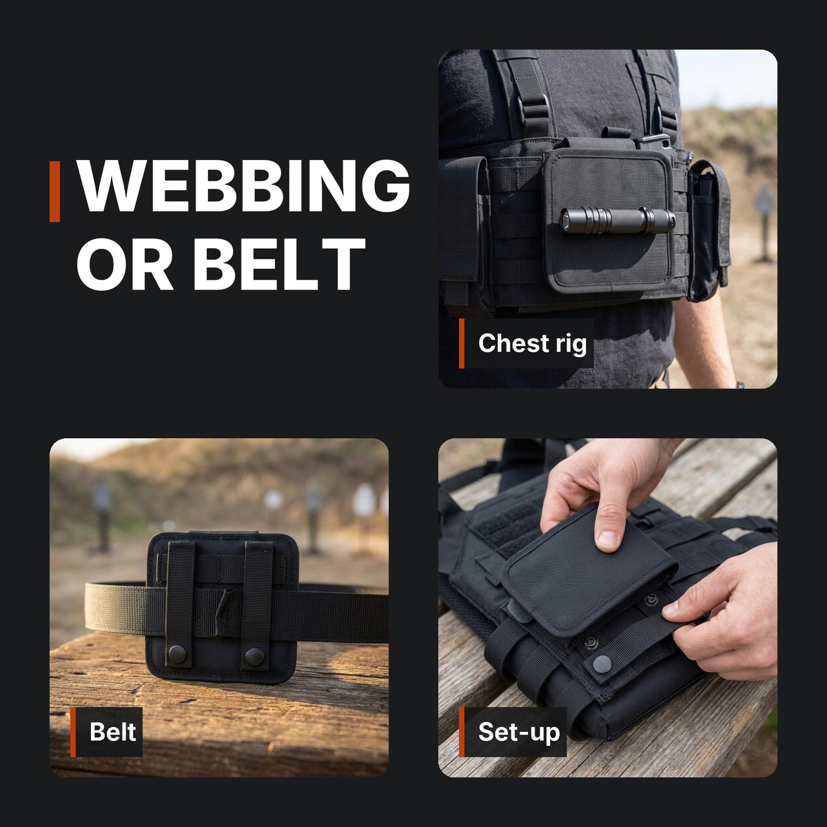 ICONTACTIC Magnetic Retention Catch collage: chest rig, belt and set-up. Concept renders, illustrative
