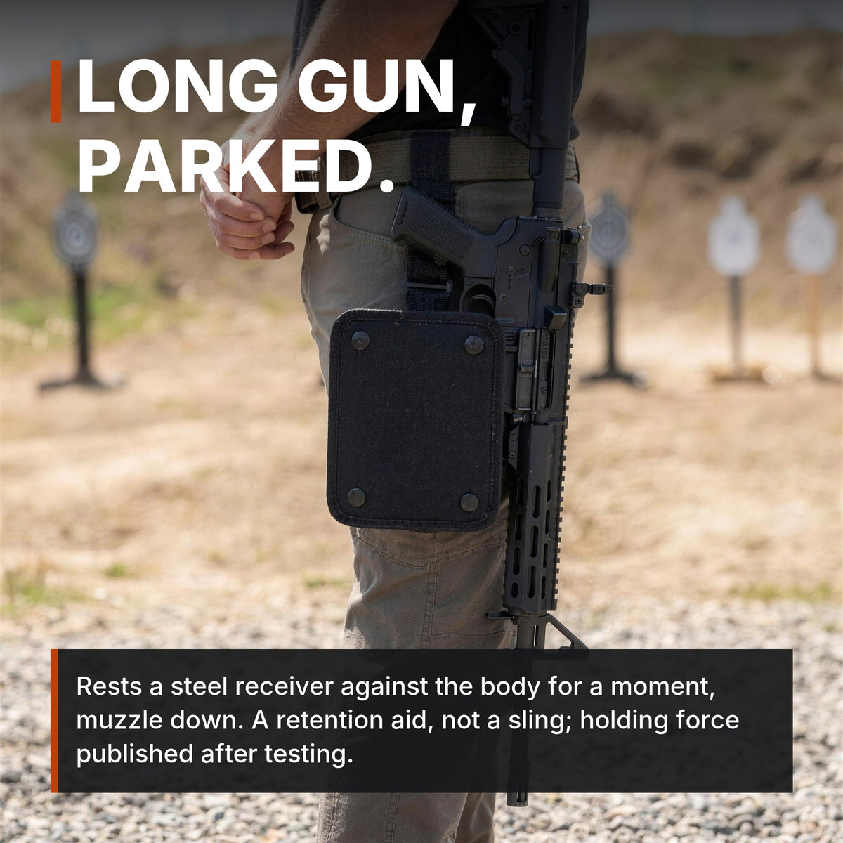 ICONTACTIC Magnetic Retention Catch resting a long gun muzzle down, headline: long gun, parked. Concept render, illustrative