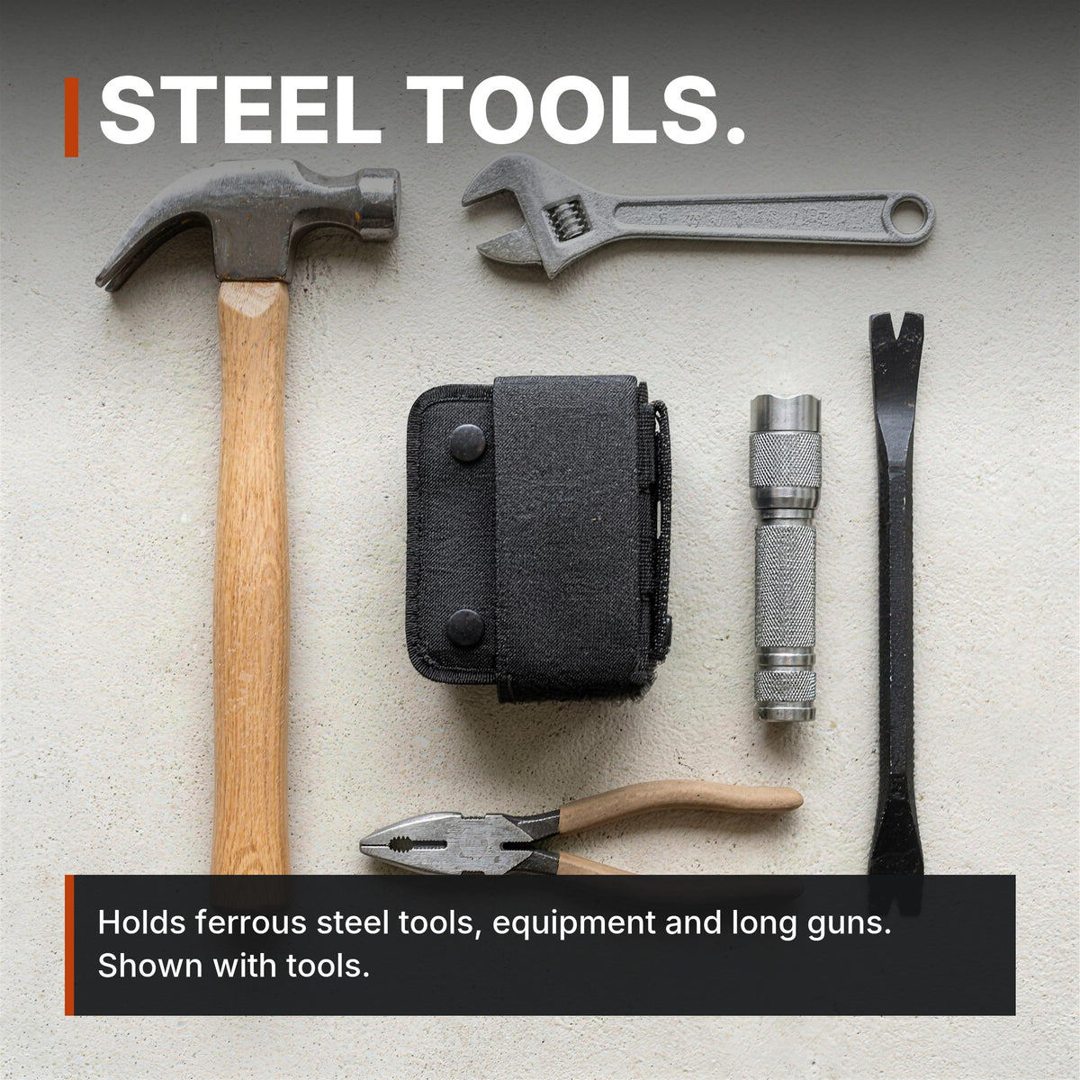 ICONTACTIC Magnetic Retention Catch infographic: Steel tools, shown with tools