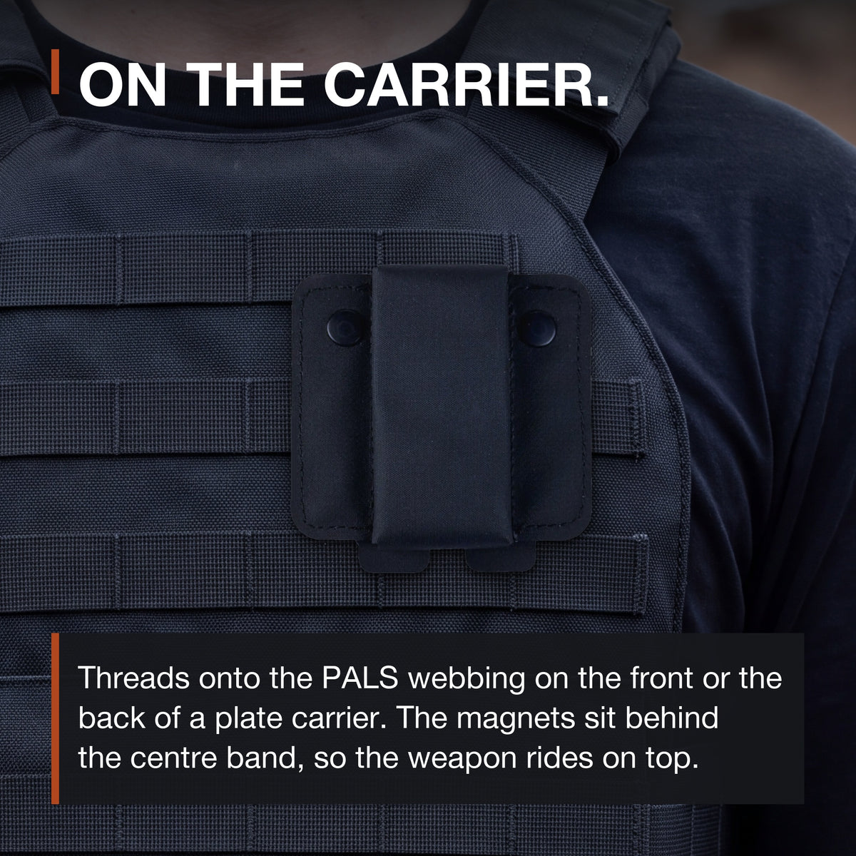 ICONTACTIC Magnetic Retention Catch mounted on the PALS webbing of a black plate carrier, front view