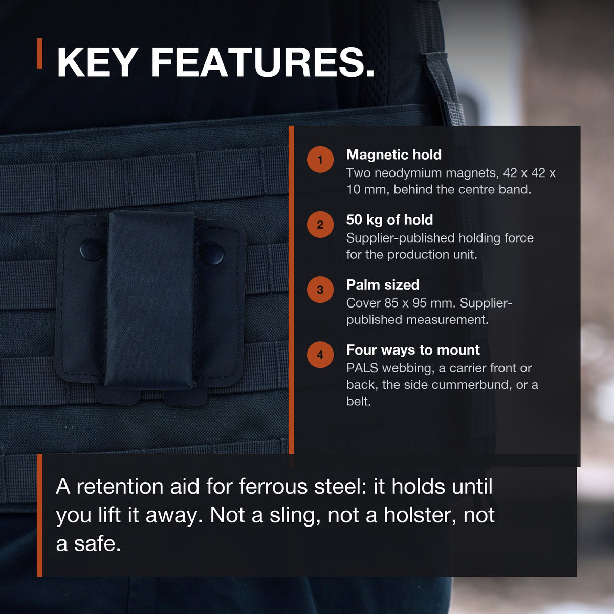 ICONTACTIC Magnetic Retention Catch key features: neodymium magnets, 50 kg hold, 85 x 95 mm cover, four mounting places